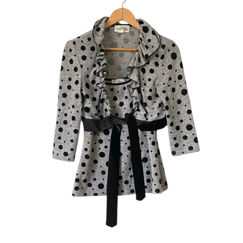 Joseph Ribkoff black gray polka dot blazer with ruffles with a matching tank 6